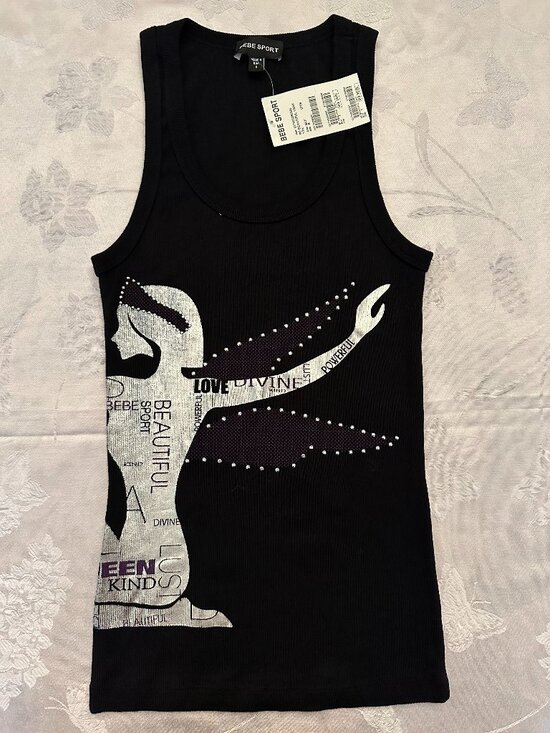 bebe Tops - NWT Rare bebe Sport Be Beautiful Black Rhinestone Graphic Tank Y2K S